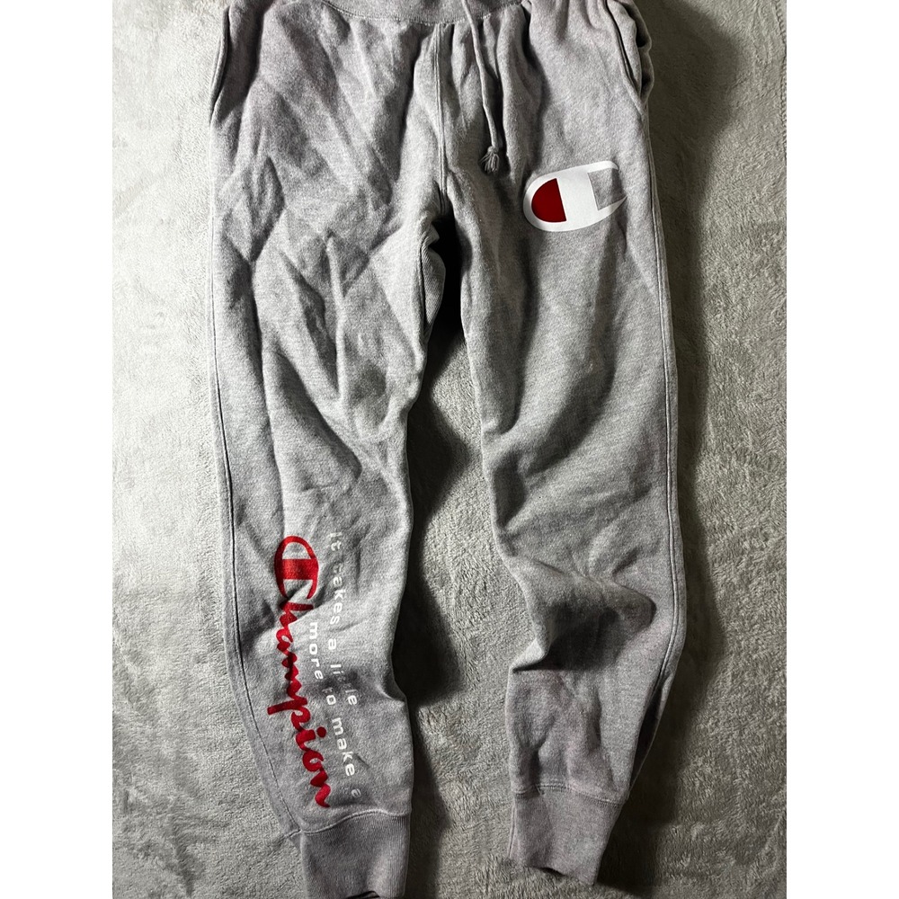 Champion Reverse Weave Mens Small Gray Jogger Sweatpants Big Logo Script Graphic